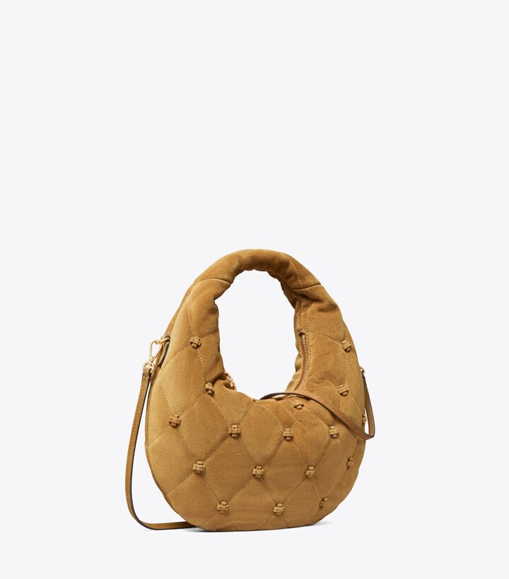 Tory Burch designer borse a spalla Borsa a mezzaluna Bunny Knot in suede in Toffee angle