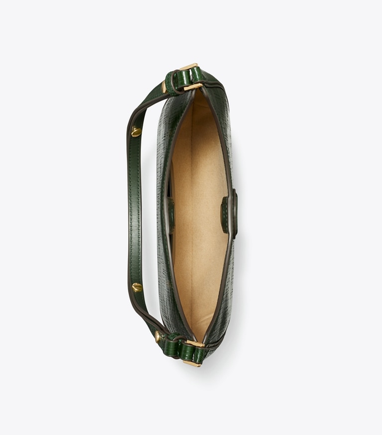 Tory Burch designer borse a tracolla Borsa a mezzaluna Robinson convertibile con tratteggio in Dark Everglade angle
