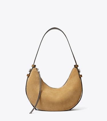 Tory Burch designer borse a tracolla Borsa a mezzaluna Romy in suede in Stone front
