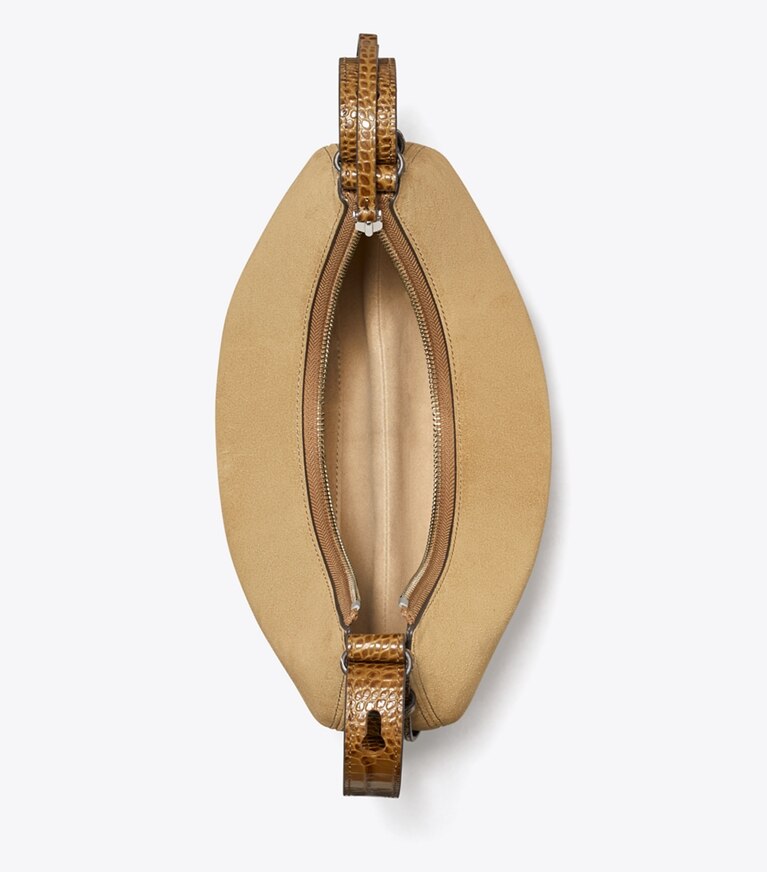 Tory Burch designer borse a tracolla Borsa a mezzaluna Romy in suede in Stone superiore