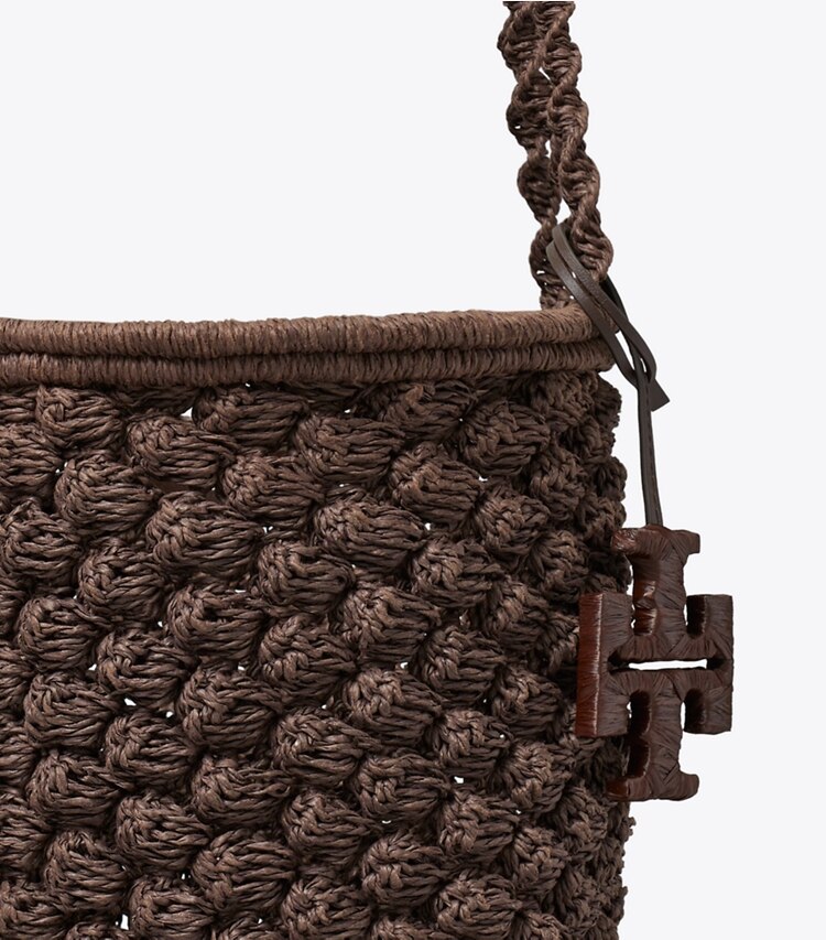 Tory Burch designer borse a tracolla Borsa a secchiello Ella Popcorn lavorata a mano all’uncinetto in Dark Cocoa dettaglio