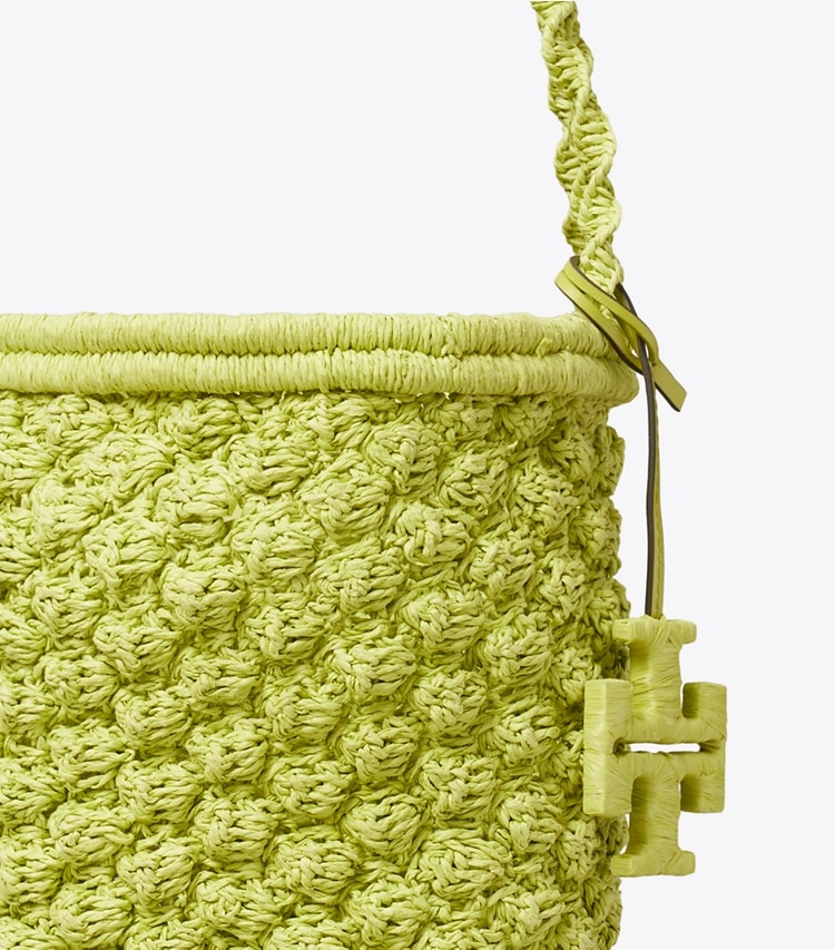 Tory Burch designer borse a tracolla Borsa a secchiello Ella Popcorn lavorata a mano all’uncinetto in Citrus Green dettaglio