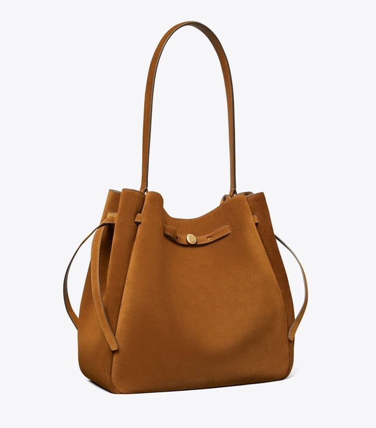 Tory Burch designer borse a tracolla Borsa a secchiello grande Romy in suede in Caramel angle