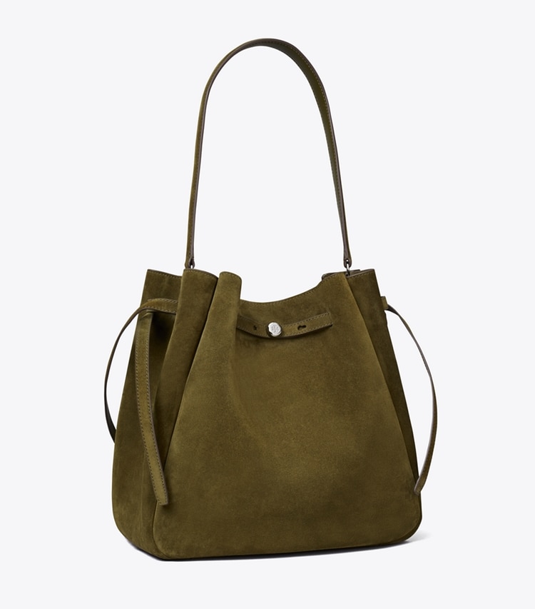 Tory Burch designer borse a tracolla Borsa a secchiello grande Romy in suede in Dark Olive angle