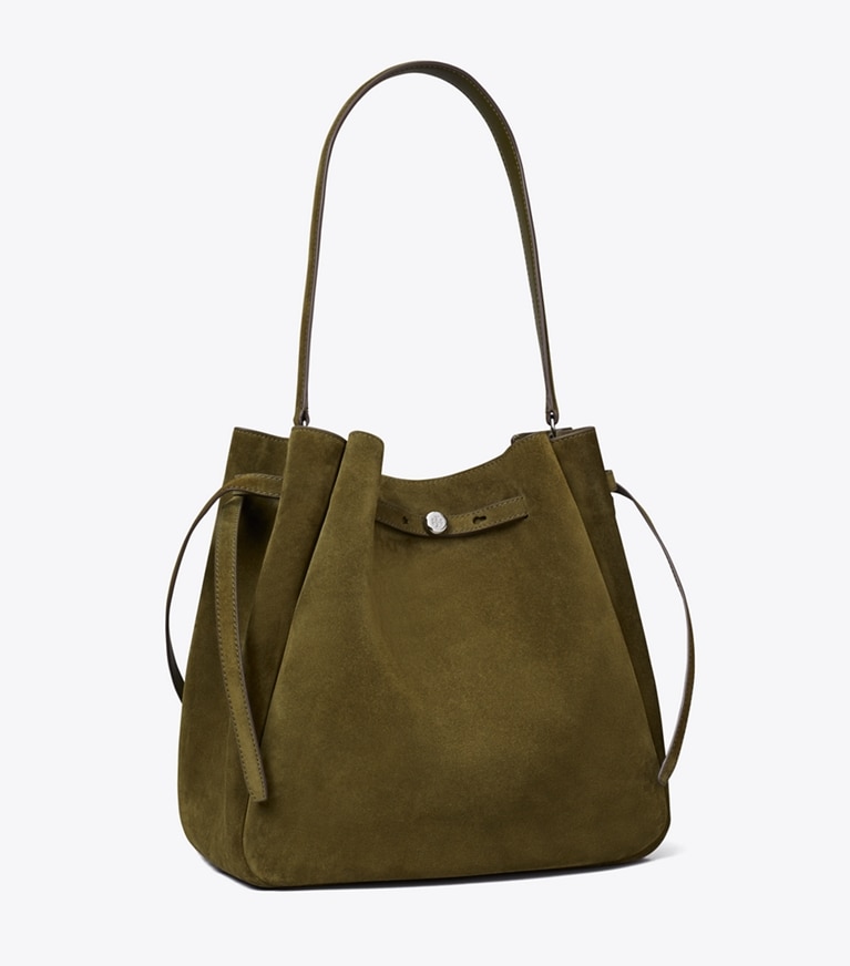 Tory Burch designer borse a tracolla Borsa a secchiello grande Romy in suede in Dark Olive angle