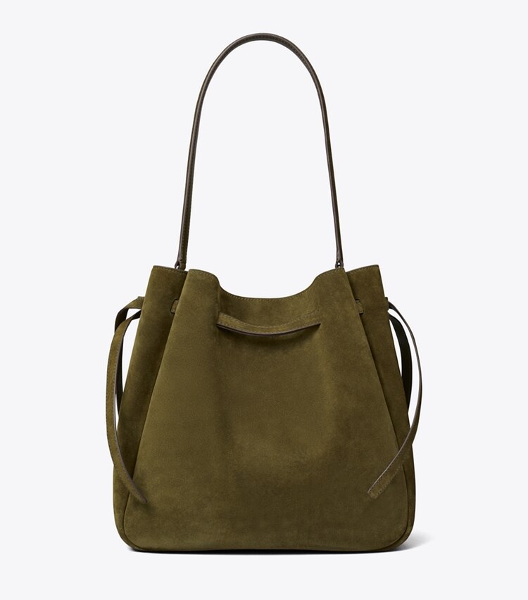 Tory Burch designer borse a tracolla Borsa a secchiello grande Romy in suede in Dark Olive indietro