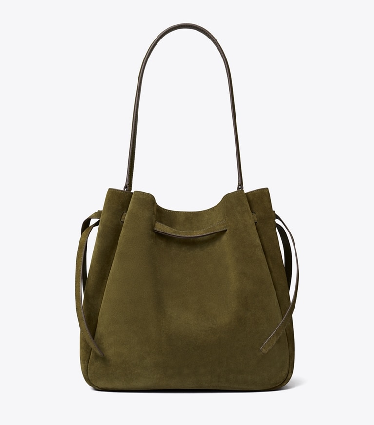 Tory Burch designer borse a tracolla Borsa a secchiello grande Romy in suede in Dark Olive indietro