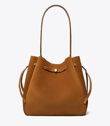 Tory Burch designer borse a tracolla Borsa a secchiello grande Romy in suede in Caramel front
