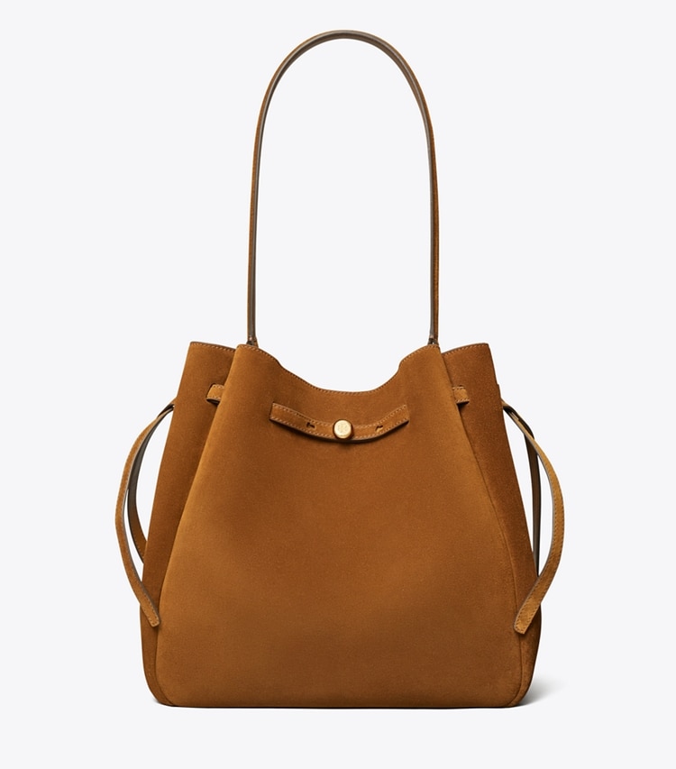 Tory Burch designer borse a tracolla Borsa a secchiello grande Romy in suede in Caramel front