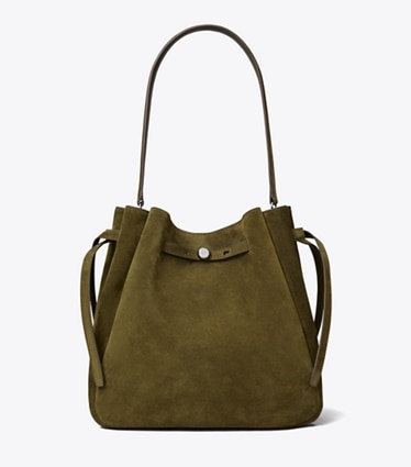 Tory Burch designer borse a tracolla Borsa a secchiello grande Romy in suede in Dark Olive front