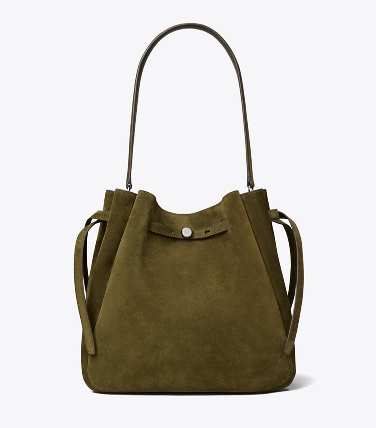 Tory Burch designer borse a tracolla Borsa a secchiello grande Romy in suede in Dark Olive front