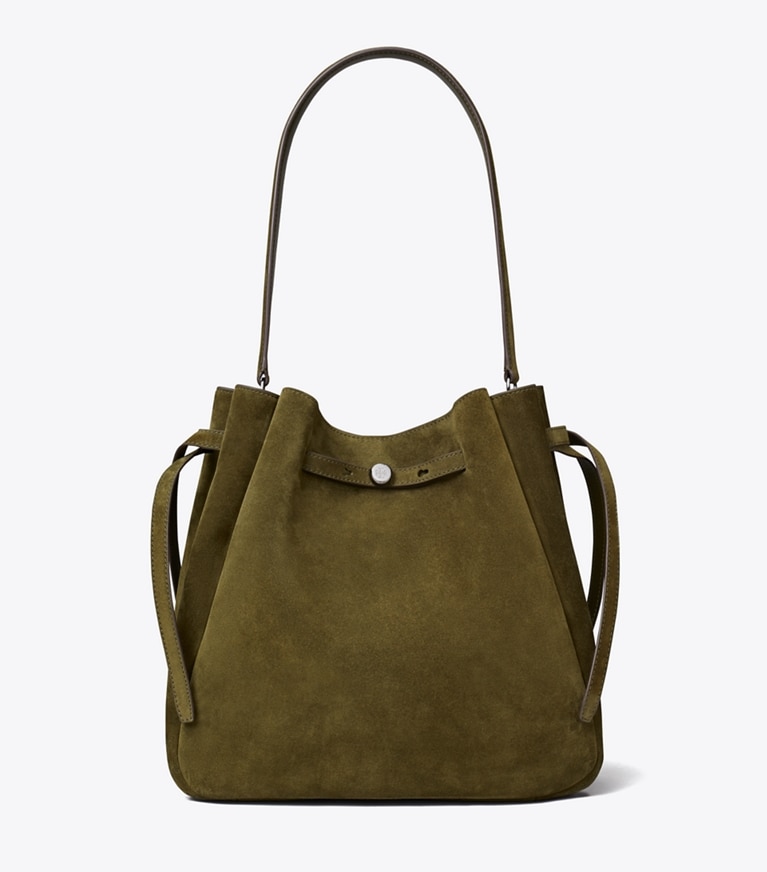 Tory Burch designer borse a tracolla Borsa a secchiello grande Romy in suede in Dark Olive front