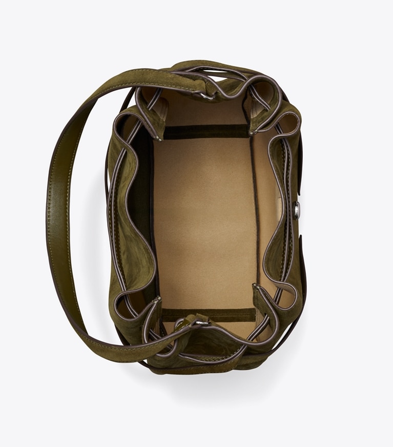 Tory Burch designer borse a tracolla Borsa a secchiello grande Romy in suede in Dark Olive superiore