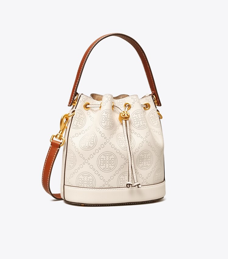 Tory Burch designer borse a spalla Borsa a secchiello in pelle traforata T Monogram in NEW IVORY angle