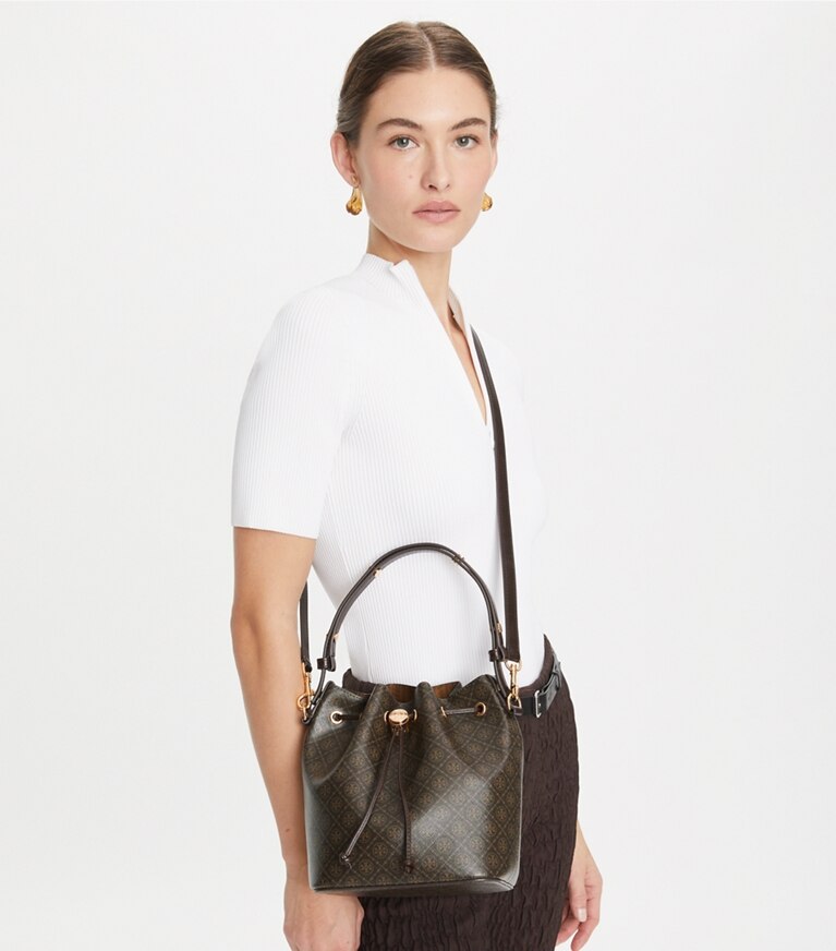 Tory Burch designer borse a spalla Borsa a secchiello in tela rivestita T Monogram in French Press angle