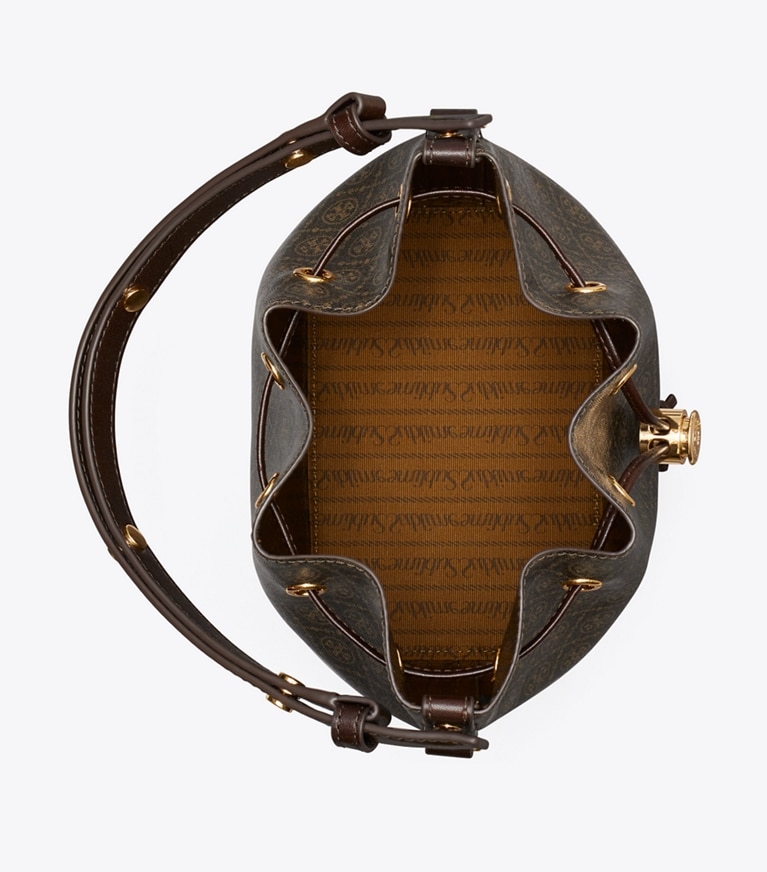 Tory Burch designer borse a spalla Borsa a secchiello in tela rivestita T Monogram in French Press angle