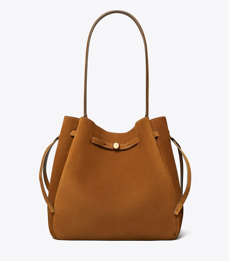 Tory Burch designer borse a tracolla Borsa a secchiello Romy grande in suede in Caramel angle