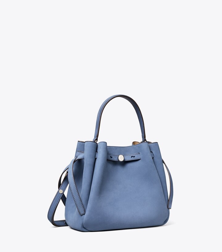 Tory Burch designer borse a spalla Borsa a secchiello Romy in nabuk in Soft Blue angle