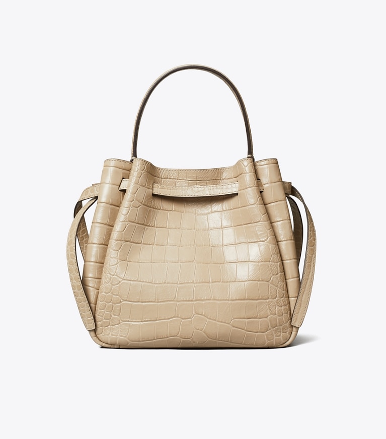 Tory Burch designer borse a spalla Borsa a secchiello Romy in pelle effetto coccodrillo in rilievo in Light Hickory indietro