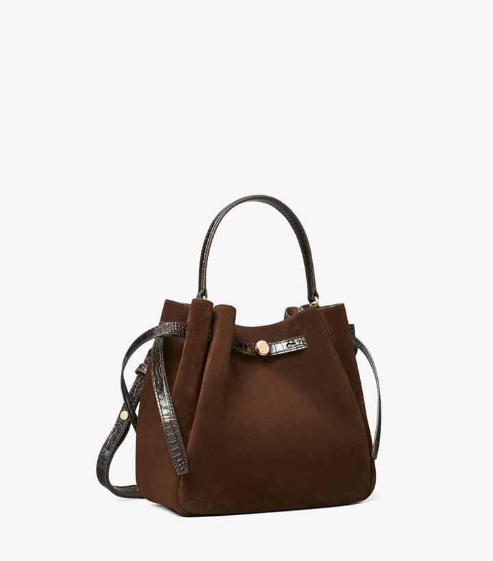 Tory Burch designer borse a spalla Borsa a secchiello Romy in suede in Dark Cocoa angle