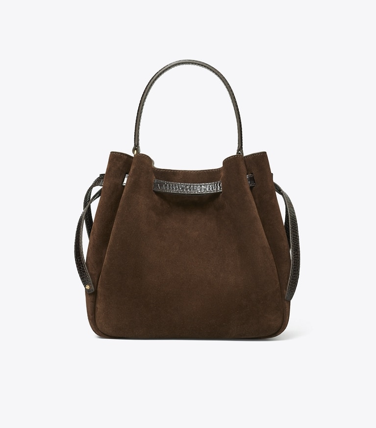 Tory Burch designer borse a spalla Borsa a secchiello Romy in suede in Dark Cocoa angle