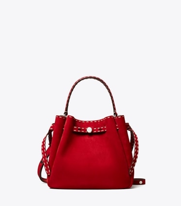 Tory Burch designer borse a spalla Borsa a secchiello Romy in suede con impuntura a vista in Toucan Red front