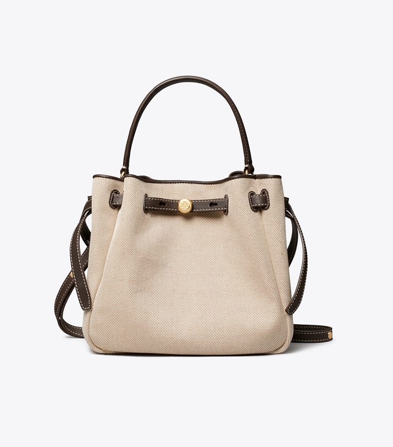 Tory Burch designer borse a spalla Borsa a secchiello Romy in tela in Dusty Almond/ Bianco White front