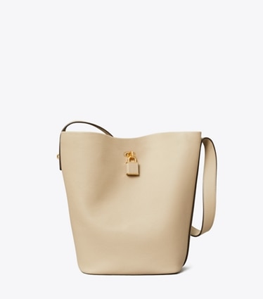 Tory Burch designer borse a tracolla Borsa a secchiello Slim Lock in Light Stone front