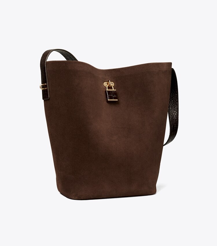 Tory Burch designer borse a tracolla Borsa a secchiello Slim Lock in suede in Dark Cocoa angle