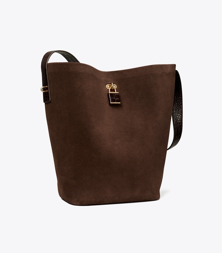 Tory Burch designer borse a tracolla Borsa a secchiello Slim Lock in suede in Dark Cocoa angle