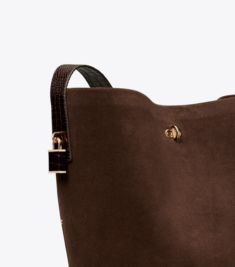 Tory Burch designer borse a tracolla Borsa a secchiello Slim Lock in suede in Dark Cocoa dettaglio