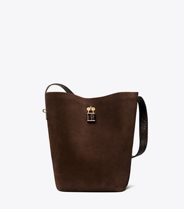 Tory Burch designer borse a tracolla Borsa a secchiello Slim Lock in suede in Dark Cocoa front