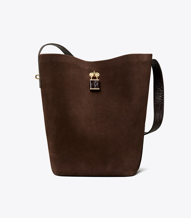 Tory Burch designer borse a tracolla Borsa a secchiello Slim Lock in suede in Dark Cocoa front