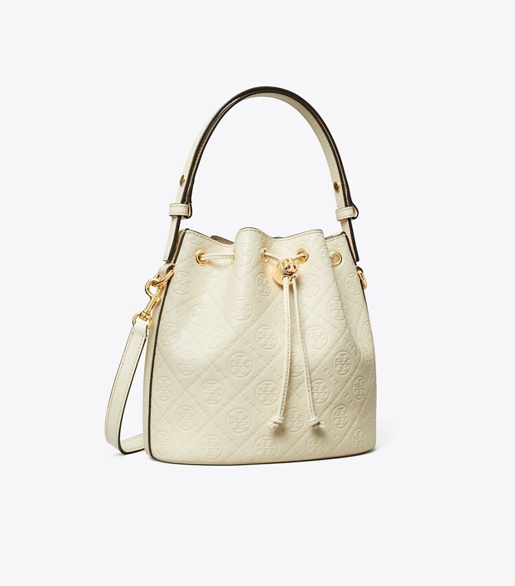 Tory Burch designer borse a spalla Borsa a secchiello T Monogram con incisioni in Light Cream angle