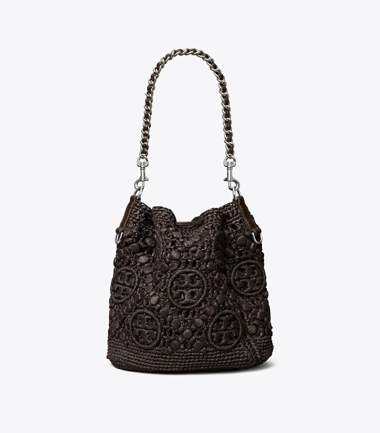 Tory Burch designer borse a spalla Borsa a secchiello T Monogram in rafia in Cocoa angle