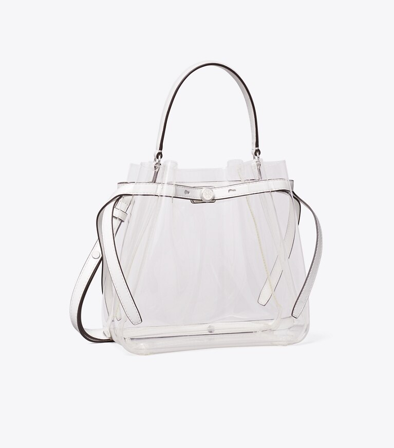 Tory Burch designer borse a spalla Borsa a secchiello trasparente Romy in Crystal Clear angle