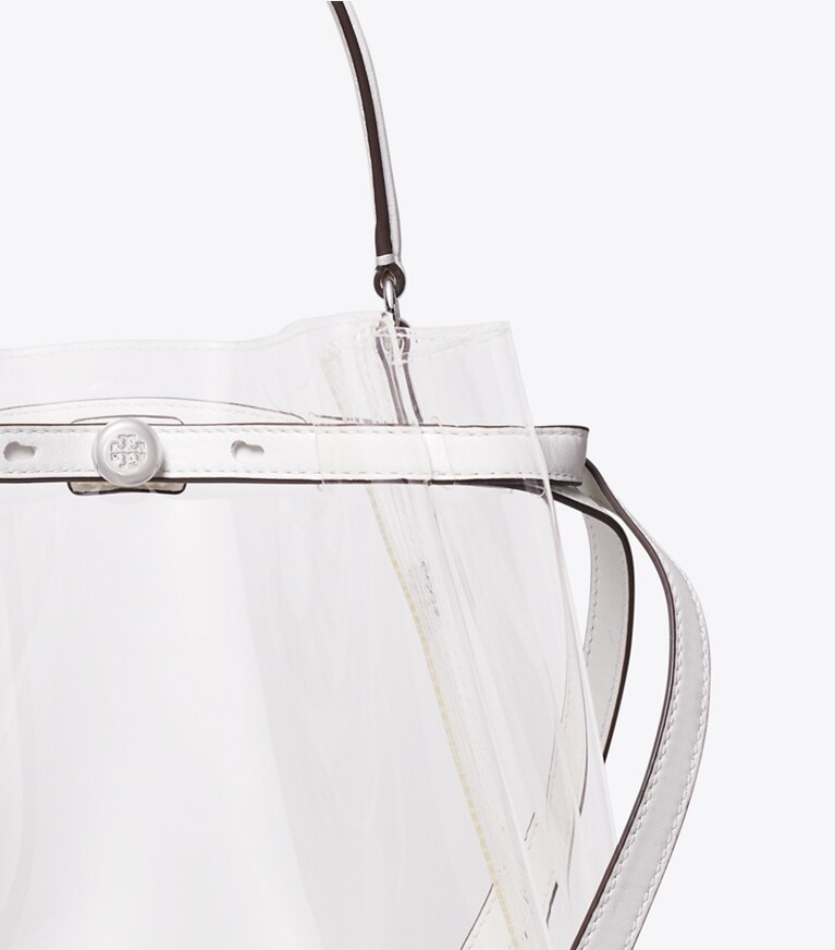 Tory Burch designer borse a spalla Borsa a secchiello trasparente Romy in Crystal Clear dettaglio