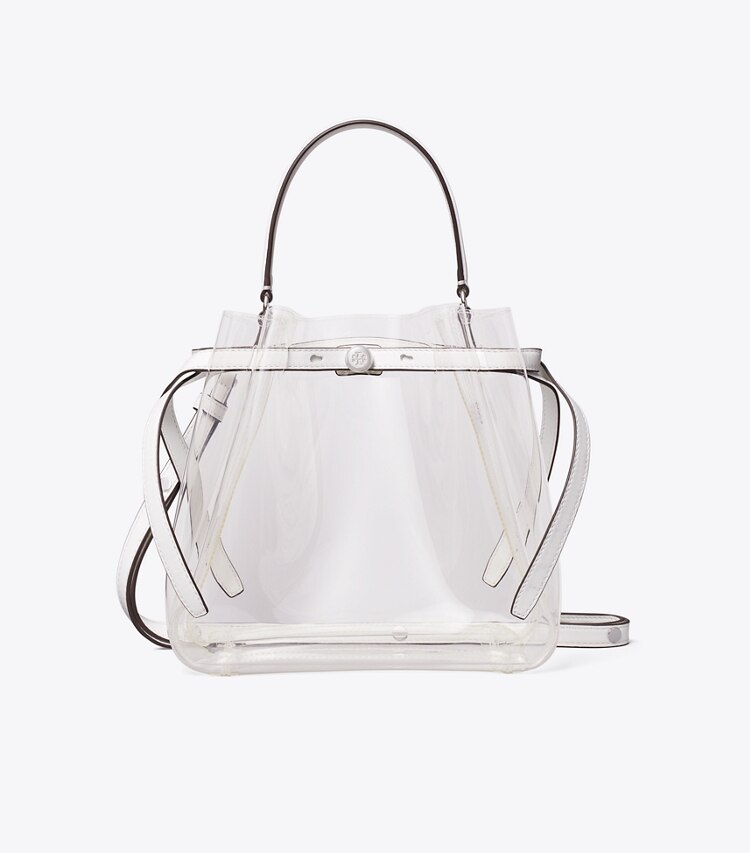 Tory Burch designer borse a spalla Borsa a secchiello trasparente Romy in Crystal Clear front