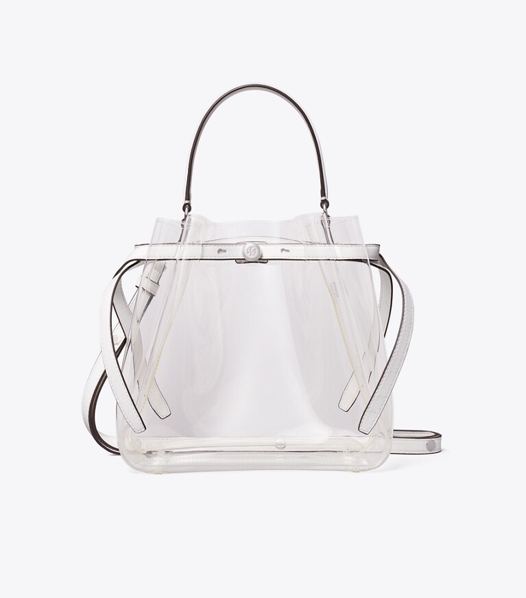 Tory Burch designer borse a spalla Borsa a secchiello trasparente Romy in Crystal Clear front