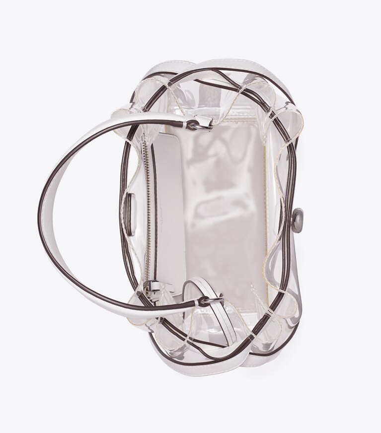 Tory Burch designer borse a spalla Borsa a secchiello trasparente Romy in Crystal Clear superiore