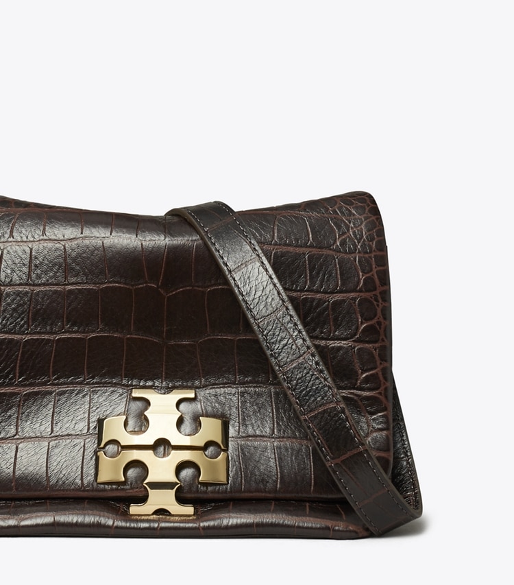 Tory Burch designer borse a tracolla Borsa a tracolla Charlie con rilievo a coccodrillo in Dark Brown dettaglio