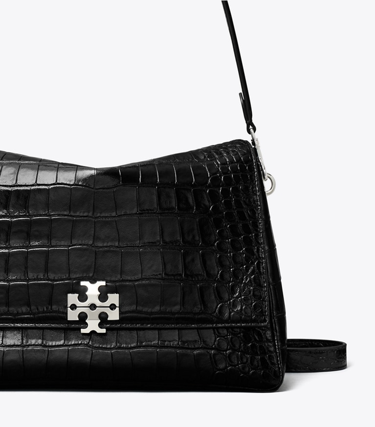 Tory Burch designer borse a tracolla Borsa a tracolla Charlie con rilievo a coccodrillo in Black dettaglio
