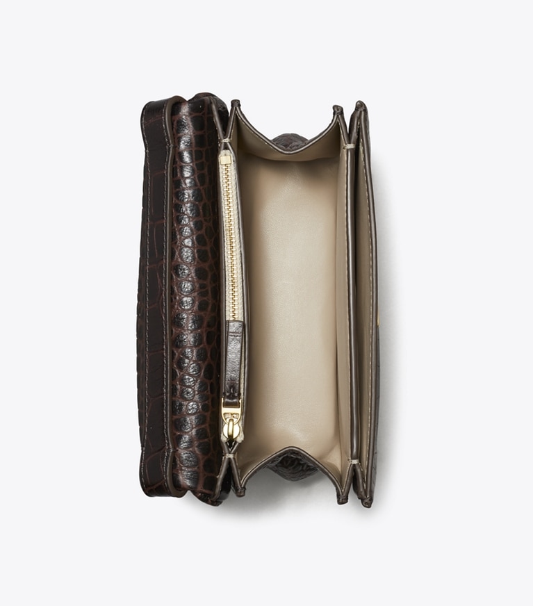 Tory Burch designer borse a tracolla Borsa a tracolla Charlie con rilievo a coccodrillo in Dark Brown angle