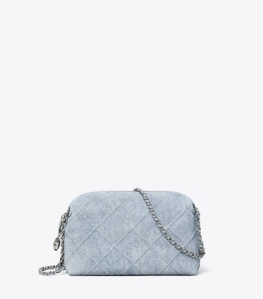 Tory Burch designer borse a spalla Borsa a tracolla Fleming in morbido suede con stampa denim in Denim front