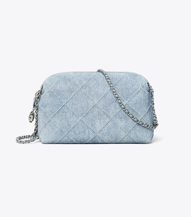 Tory Burch designer borse a spalla Borsa a tracolla Fleming in morbido suede con stampa denim in Denim front
