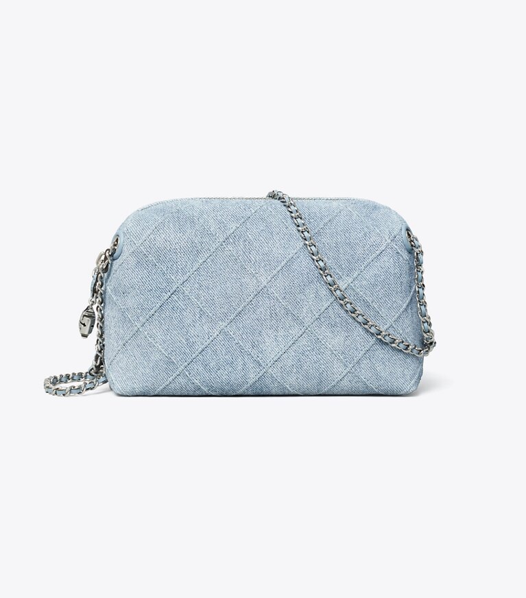 Tory Burch designer borse a spalla Borsa a tracolla Fleming in morbido suede con stampa denim in Denim angle