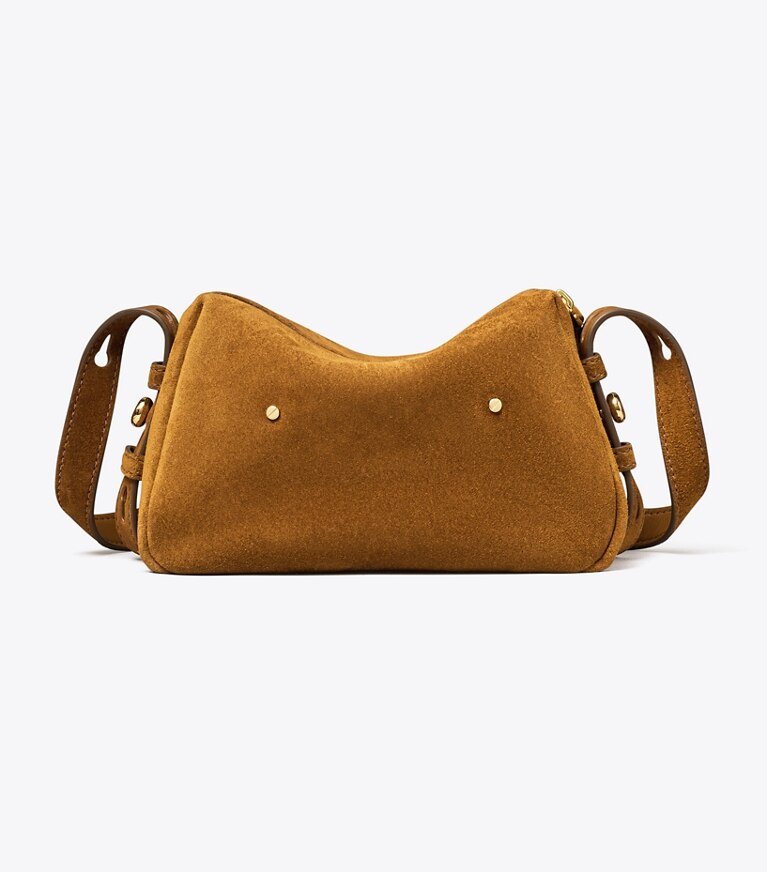 Tory Burch designer borse a spalla Borsa a tracolla morbida Romy in suede in Caramel indietro