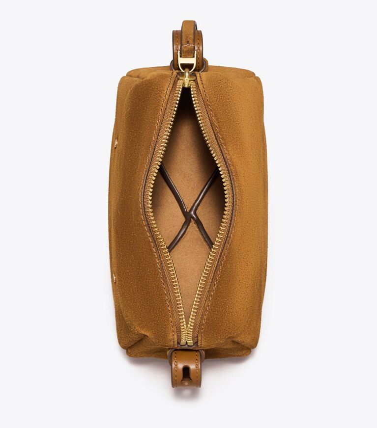 Tory Burch designer borse a spalla Borsa a tracolla morbida Romy in suede in Caramel superiore