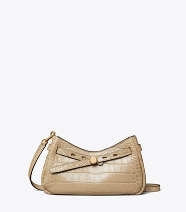 Tory Burch designer borse a spalla Borsa a tracolla Romy in pelle effetto coccodrillo in rilievo con zip superiore in Light Hickory front