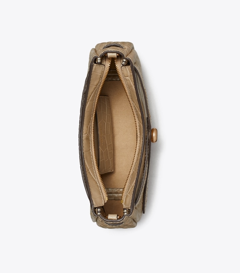 Tory Burch designer borse a spalla Borsa a tracolla Romy in pelle effetto coccodrillo in rilievo con zip superiore in Light Hickory superiore